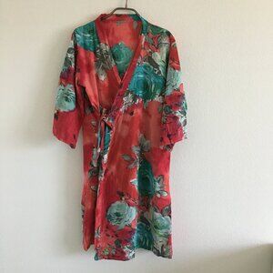 Kimono Robe Womens One Size Cotton Orange Blue Floral 3/4 Sleeves